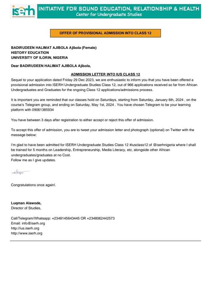 Harleemarh50626's tweet photo. @iserhnigeria I'm glad to have been admitted for iserh undergraduate studies class 12 #iusclass12 of @iserhnieria where I shall be trained for 5 month Leadership, Media Literacy, Entrepreneurship, etc. alongside other African undergraduates/graduates at no cost. https://t.co/CG9jCKbhyt