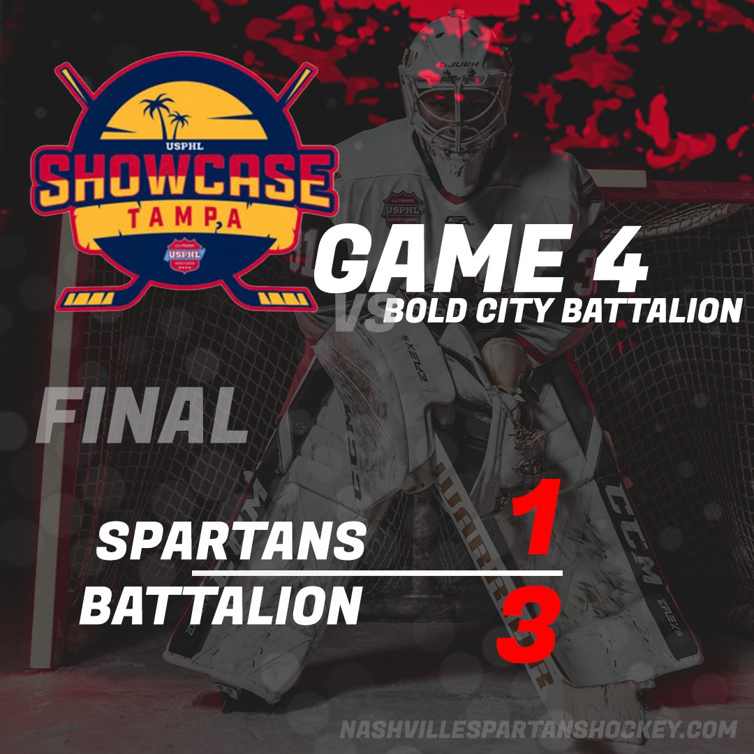 Final from <a href="/AHCenterIce/">AdventHealth Center Ice</a> arena, the <a href="/battalion_usphl/">Bold City Battalion</a> defeated the Spartans 3-1, thus ending the Spartans' 10-game winning streak. Spartans finish the showcase with a 3-1 record and currently stand at 26-5-1. Up next the Spartans head to Michigan to take on <a href="/MetroJetsHockey/">Metro Jets Hockey</a> (1-12)