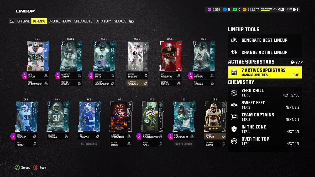 pqaf1's tweet photo. @FerdyHK 25/50 Zero Chill Team Random Abilities on O  zone knock outs on both safeties over top, 1 inside stuff, Roquan and Brain Branch as users. https://t.co/atSSLL9fQ9