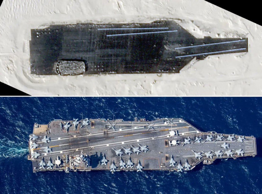 ChuckCallesto's tweet photo. BREAKING REPORT: ⚠️ China Constructs FULL-SCALE REPLICA of USS Gerald R. Ford: Uses Model of US Navy's Advanced Aircraft Carrier for Target Practice..
Satellite imagery captured by Planet Labs on January 1 revealed a striking structure resembling the USS Gerald R. Ford in the Taklamakan Desert, located in China's Xinjiang province.
The satellite image distinctly displayed a large, black outline, approximately 1,085 feet in length, mimicking the design of the USS Gerald R. Ford and other future carriers of its class.
Notably, the structure features a building in the exact position of the Ford's island, along with four catapult tracks on the "deck," mirroring their placement on the real vessel.
SOURCE: Eurasian Times