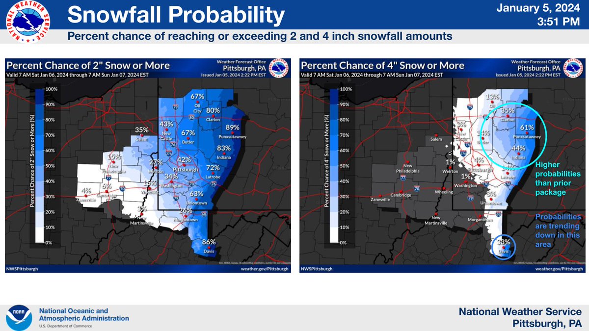 NWSPittsburgh's tweet photo. Saturday Update:

- A Winter Storm Warning and a Winter Storm Advisory have been issued for 7am-10pm Saturday.

- There remains lower probability for higher snowfall amounts over west central PA (including Pittsburgh).
 
- Visit https://t.co/MfIlo9y6TH for detailed information! https://t.co/hfr2uEsWcf