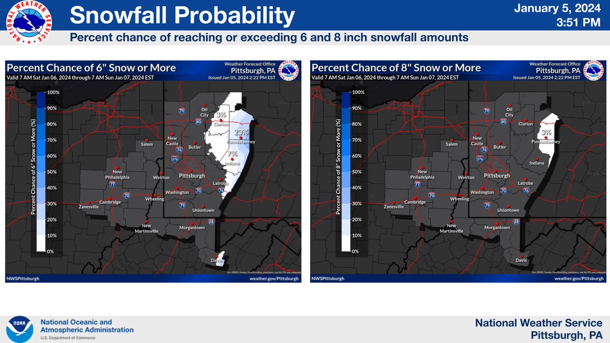 NWSPittsburgh's tweet photo. Saturday Update:

- A Winter Storm Warning and a Winter Storm Advisory have been issued for 7am-10pm Saturday.

- There remains lower probability for higher snowfall amounts over west central PA (including Pittsburgh).
 
- Visit https://t.co/MfIlo9y6TH for detailed information! https://t.co/hfr2uEsWcf