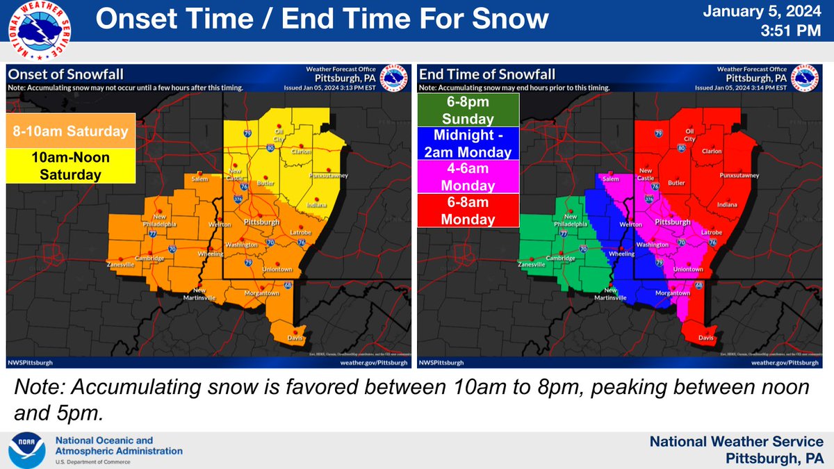 NWSPittsburgh's tweet photo. Saturday Update:

- A Winter Storm Warning and a Winter Storm Advisory have been issued for 7am-10pm Saturday.

- There remains lower probability for higher snowfall amounts over west central PA (including Pittsburgh).
 
- Visit https://t.co/MfIlo9y6TH for detailed information! https://t.co/hfr2uEsWcf