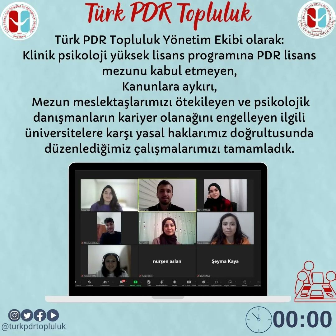 Topluluk Yönetim Ekibi olarak:
Klinik psikoloji yüksek lisans programına PDR mezunu kabul etmeyen,
Kanunlara aykırı,
Meslektaşlarımızı ötekileyen ve
Psikolojik danışmanların kariyer olanağını engelleyen ilgili üniversitelere karşı yasal haklarımızla çalışmalarımızı tamamladık.