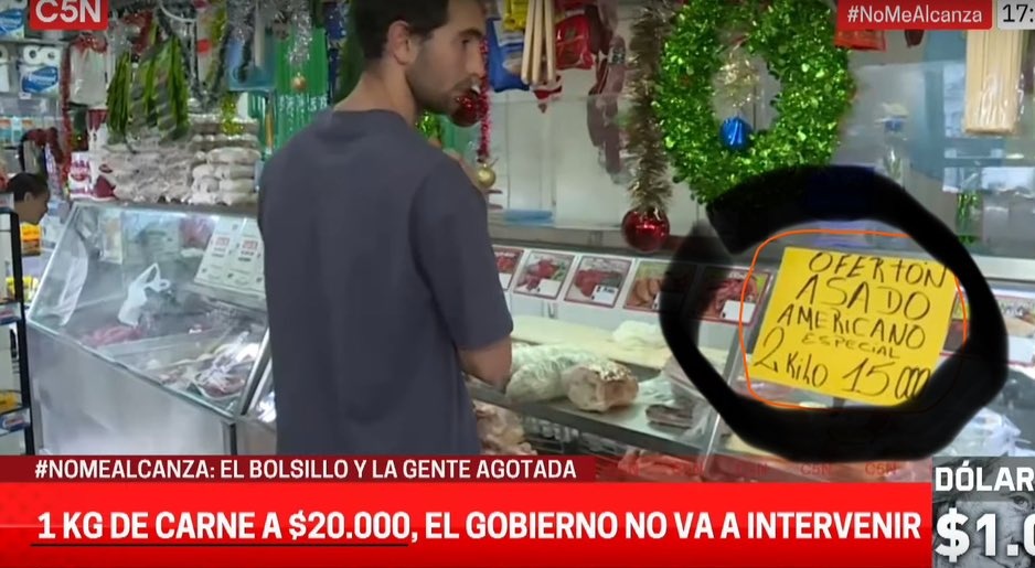 Trumperizar's tweet image. C5N pone: Kilo de carne a $20 mil  y en el cartel de la carnicería está 2 kilos x $15 mil jajaja

Ni para operar sirven.