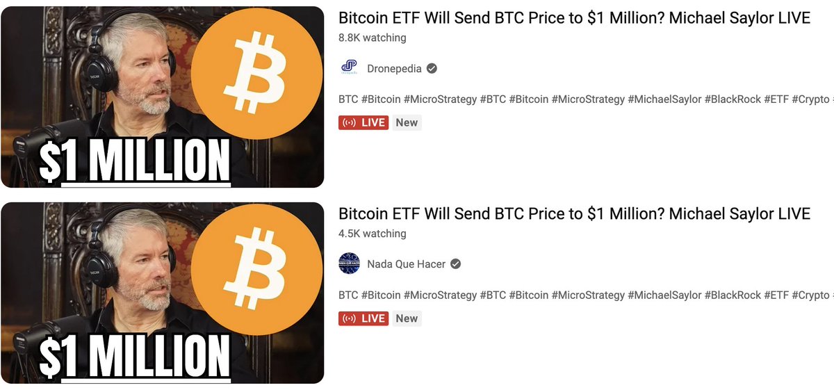 saylor's tweet photo. ⚠️Warning⚠️  My security team has been taking down one AI generated deepfake video featuring me, @MicroStrategy, and #Bitcoin trading &amp; giveaway scams on @YouTube every 15 minutes. Be careful out there, and remember there is no such thing as a free lunch. https://t.co/KpklvOxtlH