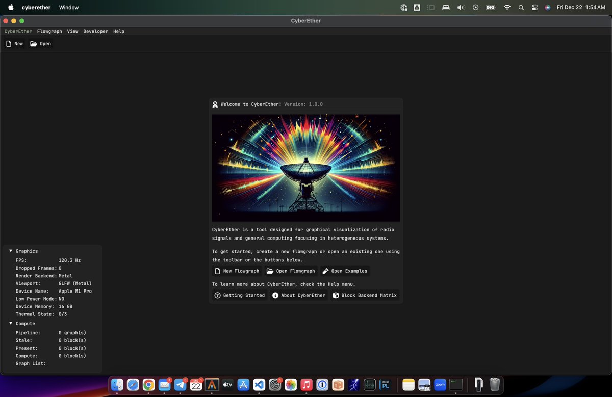 luigifcruz's tweet photo. ⚡️ First alpha version of CyberEther is now available on GitHub for Linux (Vulkan) and macOS (Metal).

🆕 Complete README with installation instructions and much more!

🦑 Portable flowgraph with GPU-accelerated blocks.

🔑 MIT Licensed

💚 More to come!

https://t.co/pRi4tlyIWa https://t.co/kIu8t5A4wx