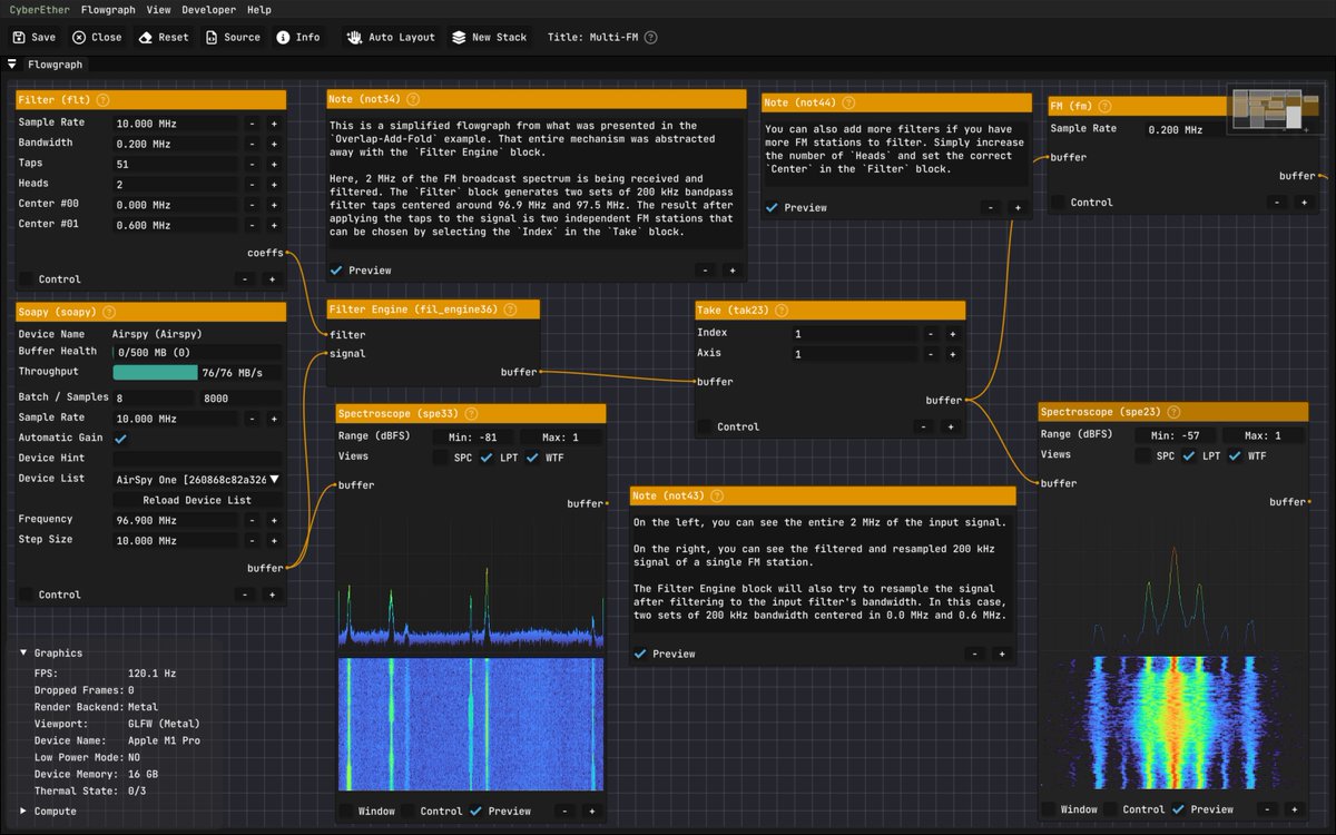 luigifcruz's tweet photo. ⚡️ First alpha version of CyberEther is now available on GitHub for Linux (Vulkan) and macOS (Metal).

🆕 Complete README with installation instructions and much more!

🦑 Portable flowgraph with GPU-accelerated blocks.

🔑 MIT Licensed

💚 More to come!

https://t.co/pRi4tlyIWa https://t.co/kIu8t5A4wx
