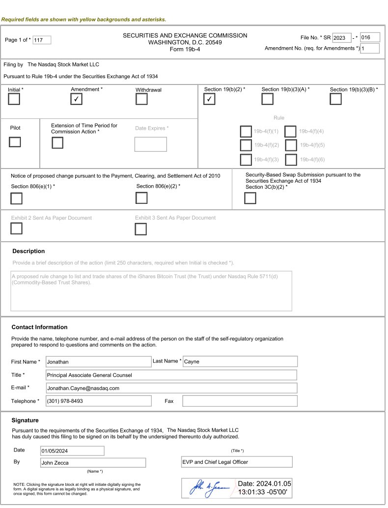 BREAKING: 🇺🇸 Nasdaq files amendment for BlackRock spot #Bitcoin ETF 19b-4 filing.

This is a "big step" according to Bloomberg analysts 👀