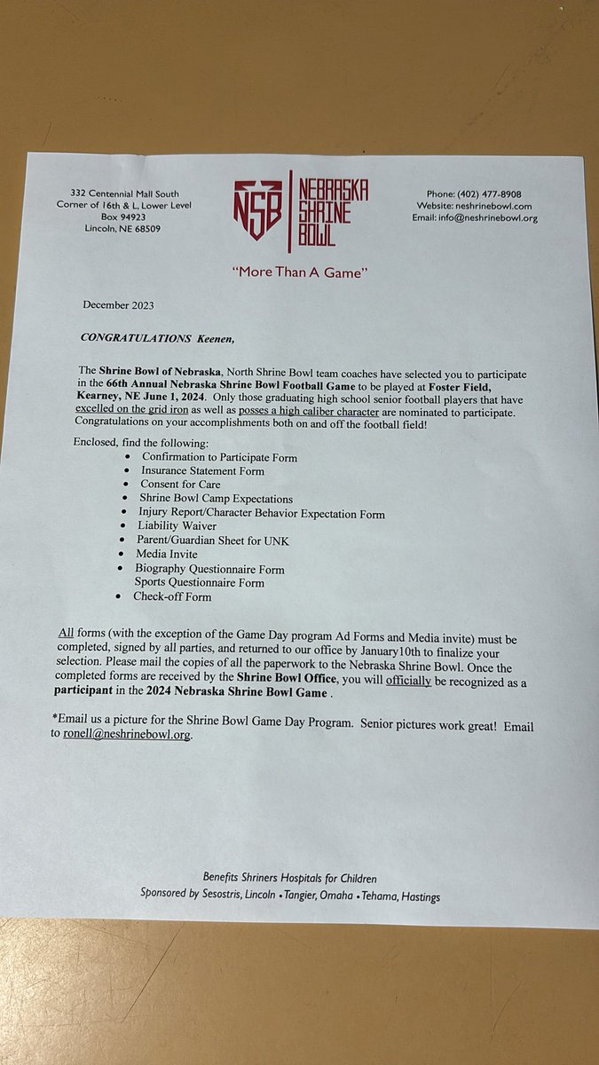 Blessed to be selected to play in the 2024 Nebraska Shrine Bowl! <a href="/NEShrineBowl/">Nebraska Shrine Bowl</a>