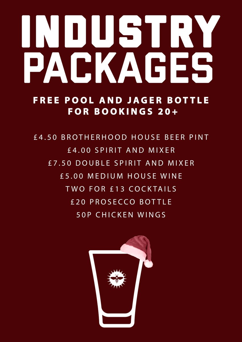 Fellow industry companions, It’s time to book your January Christmas parties today!🍻

Drop us a message and let’s make next years Christmas do one to remember! 

#MANCHESTER #manchesterindustry #industry
