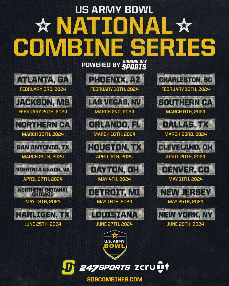 📰 Exciting news! 📰 We are excited to announce the upcoming National Combine Series dates and locations! 🏈💪 Lock in your chance to showcase your skills in front of college coaches and earn the right to play in the 2024 @USArmyBowl DM us for an invite 📲