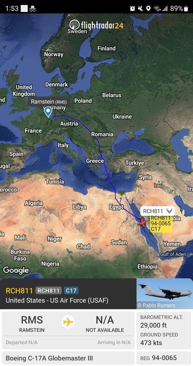 Borrowed7Time's tweet photo. USAF C-17A 94-0065 #AE07DF as RCH811 en route to Djibouti from Ramstein AFB
@Dinlas3 @PilotAlex_28 https://t.co/wRrbTb9b55