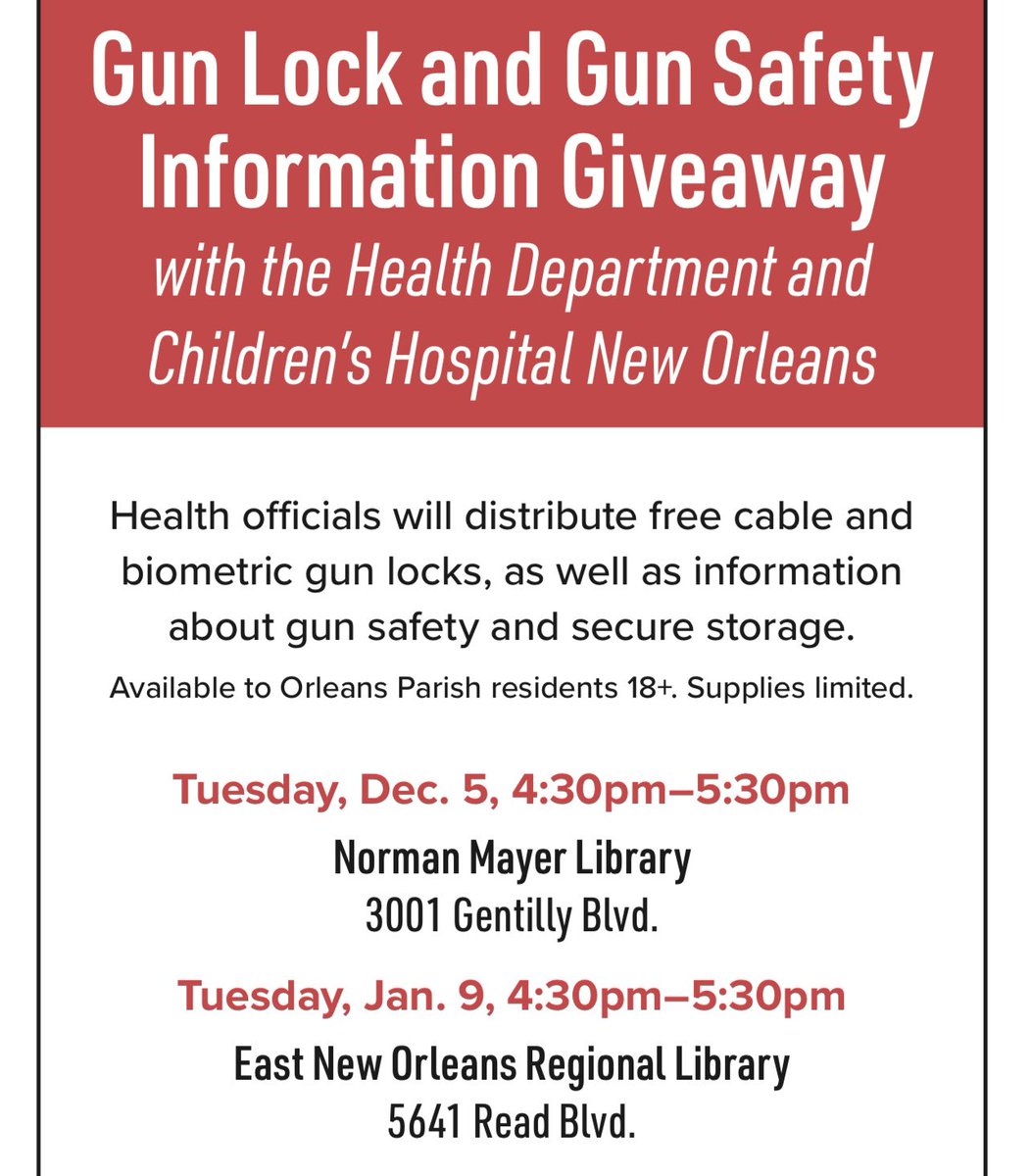 manfamchildrens's tweet photo. Weโre excited to be continuing our efforts to raise awareness for secure gun storage to keep kids safe in the New Year. Come see us next Tuesday at the New Orleans East Regional Library from 4:30-5:30 pm to learn about our #besmartforkids campaign, and to receive education and free biometric gun locks, while supplies last. @nolahealthdept