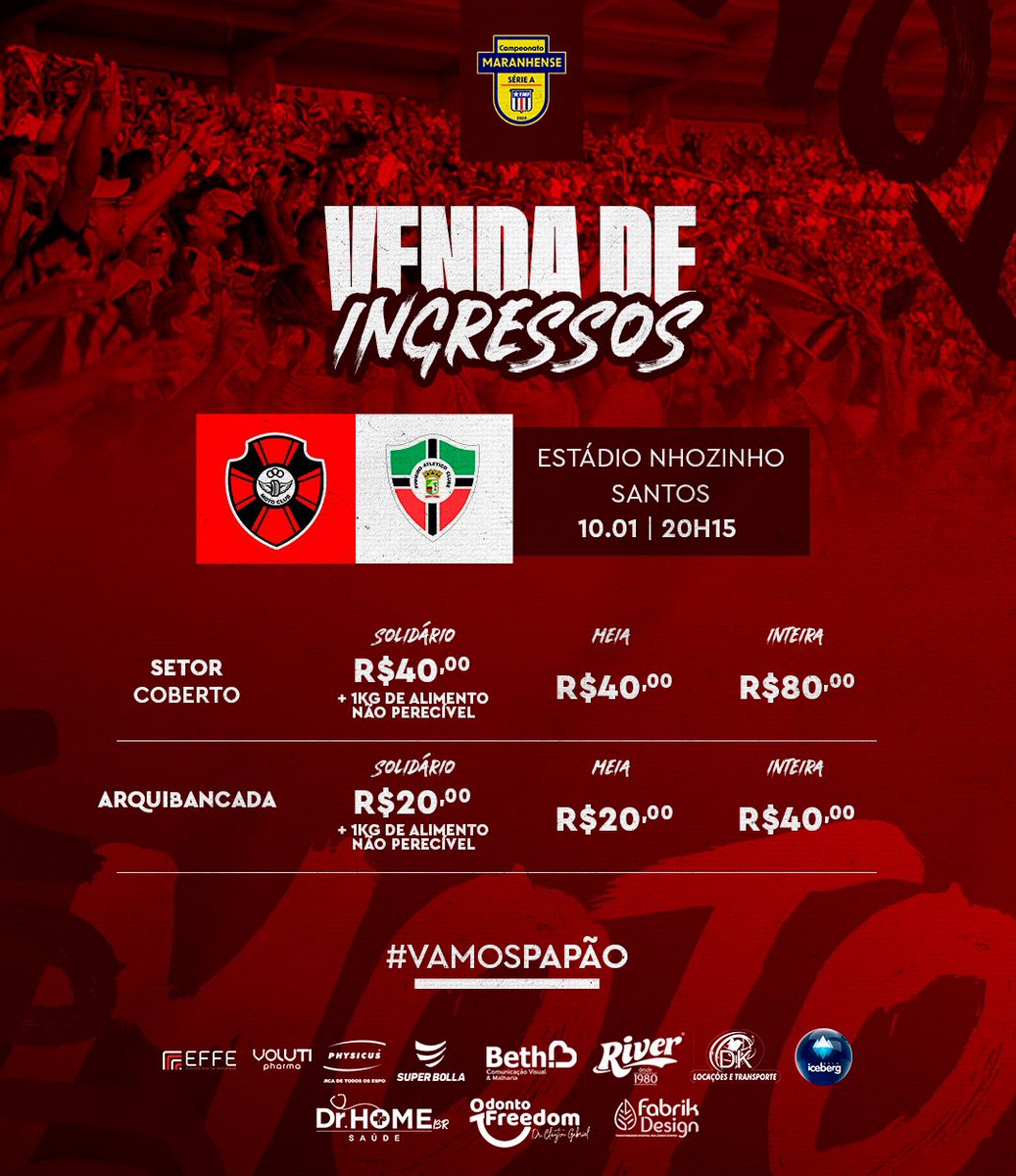 motocluboficial's tweet photo. Torcedor, o Papão vai a campo no domingo, mas você já pode garantir seu ingresso para o jogo de quarta-feira (10/01), às 20h15, contra o Pinheiro pela estreia do Maranhense. E vai ser na nossa casa, o Nhozinho Santos! https://t.co/U4Xm82pSjQ