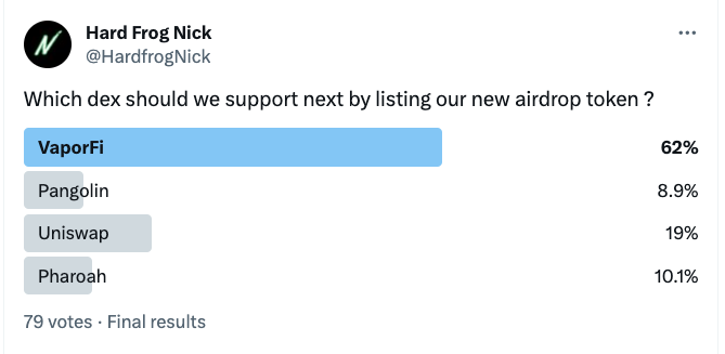 HardfrogNick's tweet photo. Community wins again🚀
Our new airdropped token will be listed on #VaporFi in a few days time.
Should we make this the #1 dex on the planet ? https://t.co/6smMGsSqgM