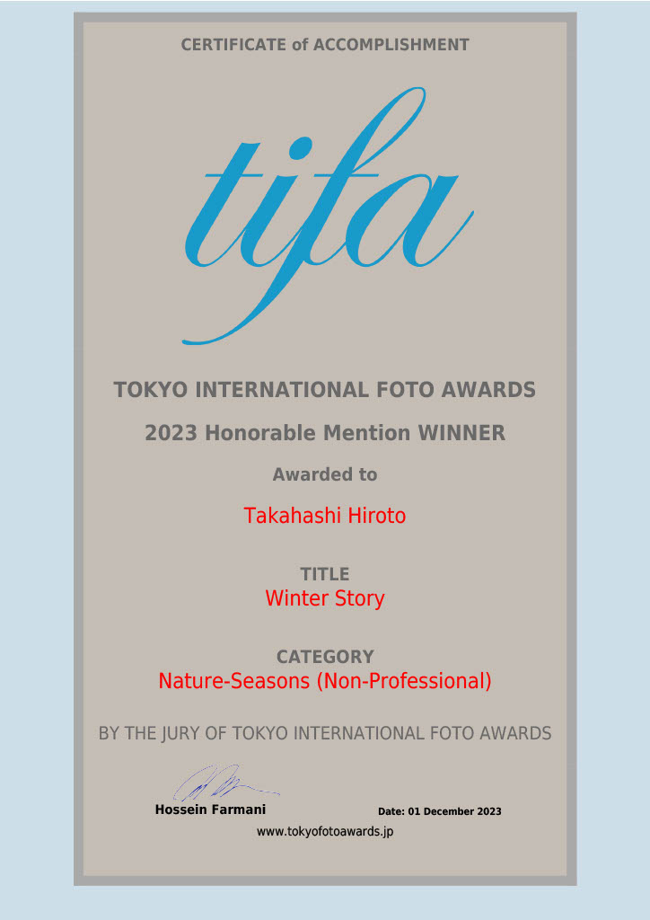 おはようございます
TIFA「Tokyo International Foto Awards2023」にて佳作を受賞致しました。
これまで最終選考？までしかいかなかったのでとりま嬉しいです😊この写真で最後に応募したコンテスト☺️
#tifa #tokyointenationalfotoawards