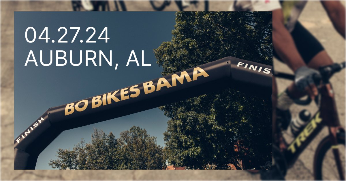 SAVE THE DATE for the 13th ride on 4/27/24 in Auburn, AL! We'll host a Kickoff Party at @redclaybrew on 4/26 featuring music by Gretsch Lyles & the Modern Eldorados. @BoJackson will also host a VIP Golf Experience for 12 individuals on 4/26. Details👉bobikesbama.com/bo-bikes-bama-…