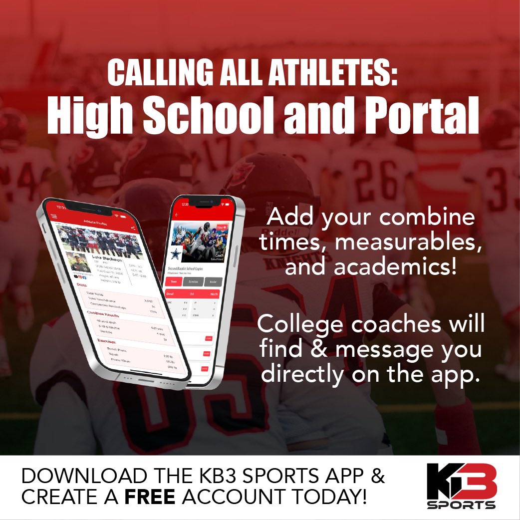 HS &amp; PORTAL ATHLETES - GET ON THIS APP IMMEDIATELY.  ONLY APP WHERE RECRUITERS CAN MESSAGE YOU DIRECTLY FROM YOUR PROFILE PAGE!!  Kb3sports.com