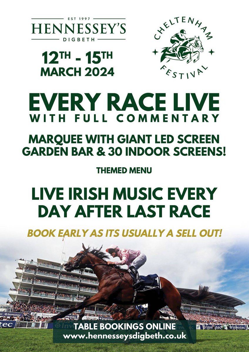 Bookings now being taken for tables for the Cheltenham Festival 🐎🐎 with live music at the end of each day's racing ☘️
#Cheltenham #St Patrick's #sportsbar #digbeth