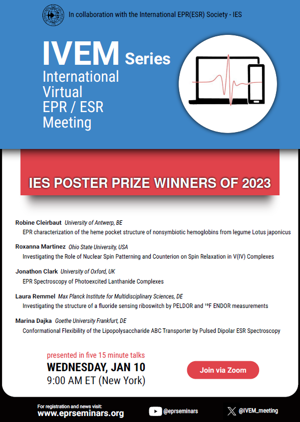 Happy new year!🎉 Join us next Wednesday for a special #EPR #IVEM celebration! We're honoring our #IEPRS Best Poster Prize recipients of 2023 with five inspiring short talks. Save the date: Jan 10th, 9 AM New York Time. @EPR_ESR @RSC_ESR @european_epr