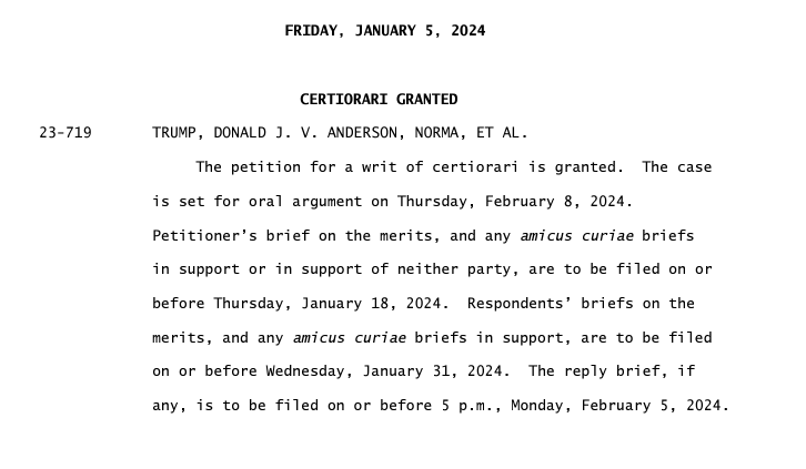 NewslineCO's tweet photo. BREAKING: U.S. Supreme Court will hear Trump ballot eligibility case out of Colorado, with oral argument scheduled for Feb. 8. https://t.co/cUeKhOn73Y