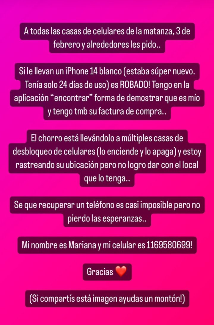 IvanCerrajero's tweet image. Comparto esto de la hija de un colega #iPhone #robado #LaMatanza #3defebro
