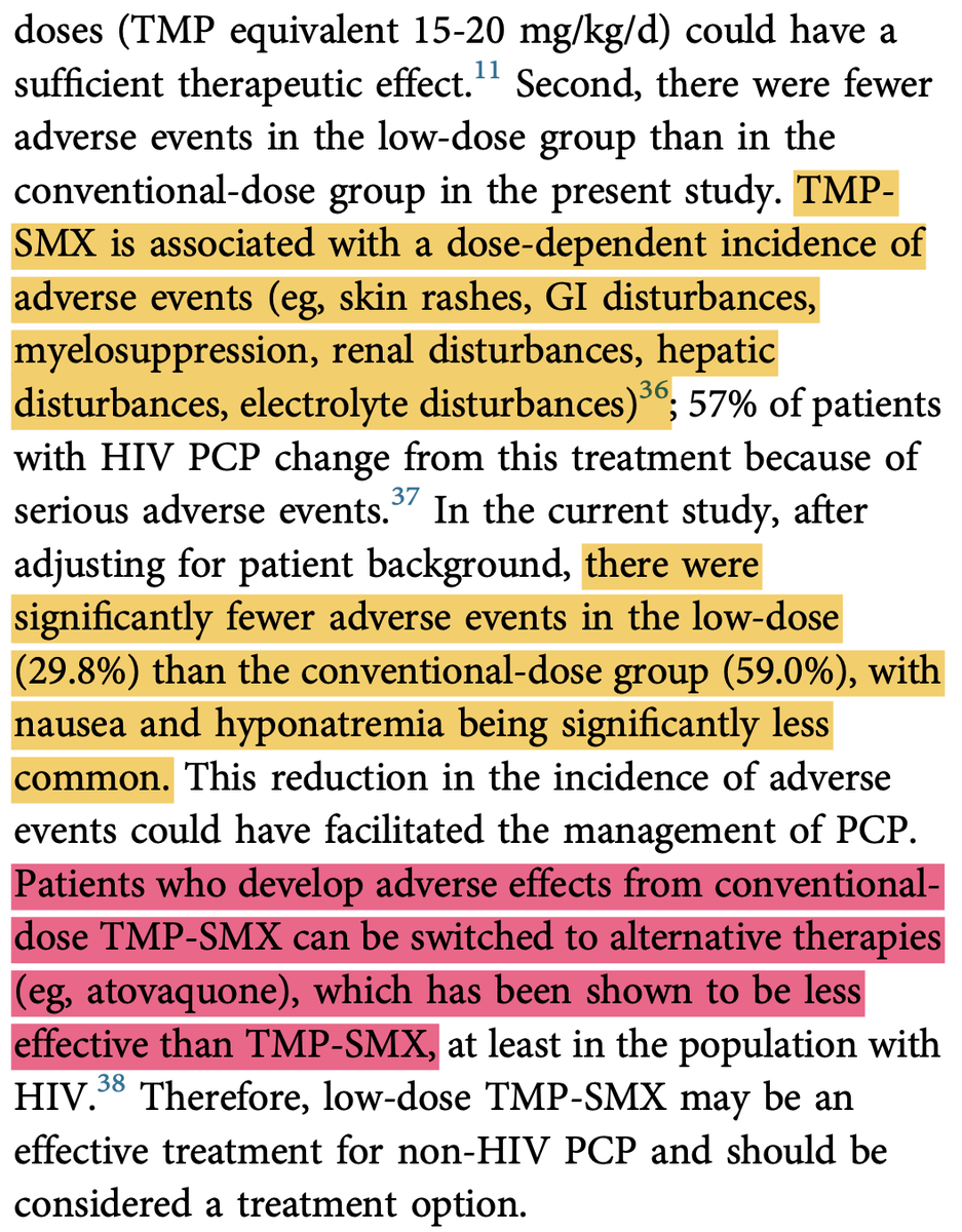 Low-dose TMP-SMX for pneumocystis: retrospective multi-center study challenging to change practice b/c not Level-I evidence however, the historically utilized dose is based on minimal data 10 mg/kg/d feels reasonable to me, what do ID/pulm gurus think? journal.chestnet.org/article/S0012-…