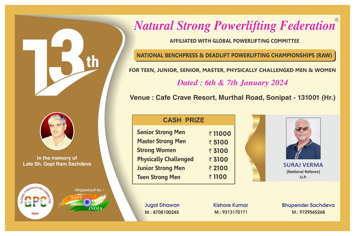 As an powerlifting player I am ready.
Friends need your blessings.

As an Organization We r ready for our gpc national benchpress n deadlift powerlifting championships dated on 6th 7th jan 2024at cafe crave resort sonipat
#gpcnational
#bodycare 
#nspf 
#kheloindia 
#khelo39