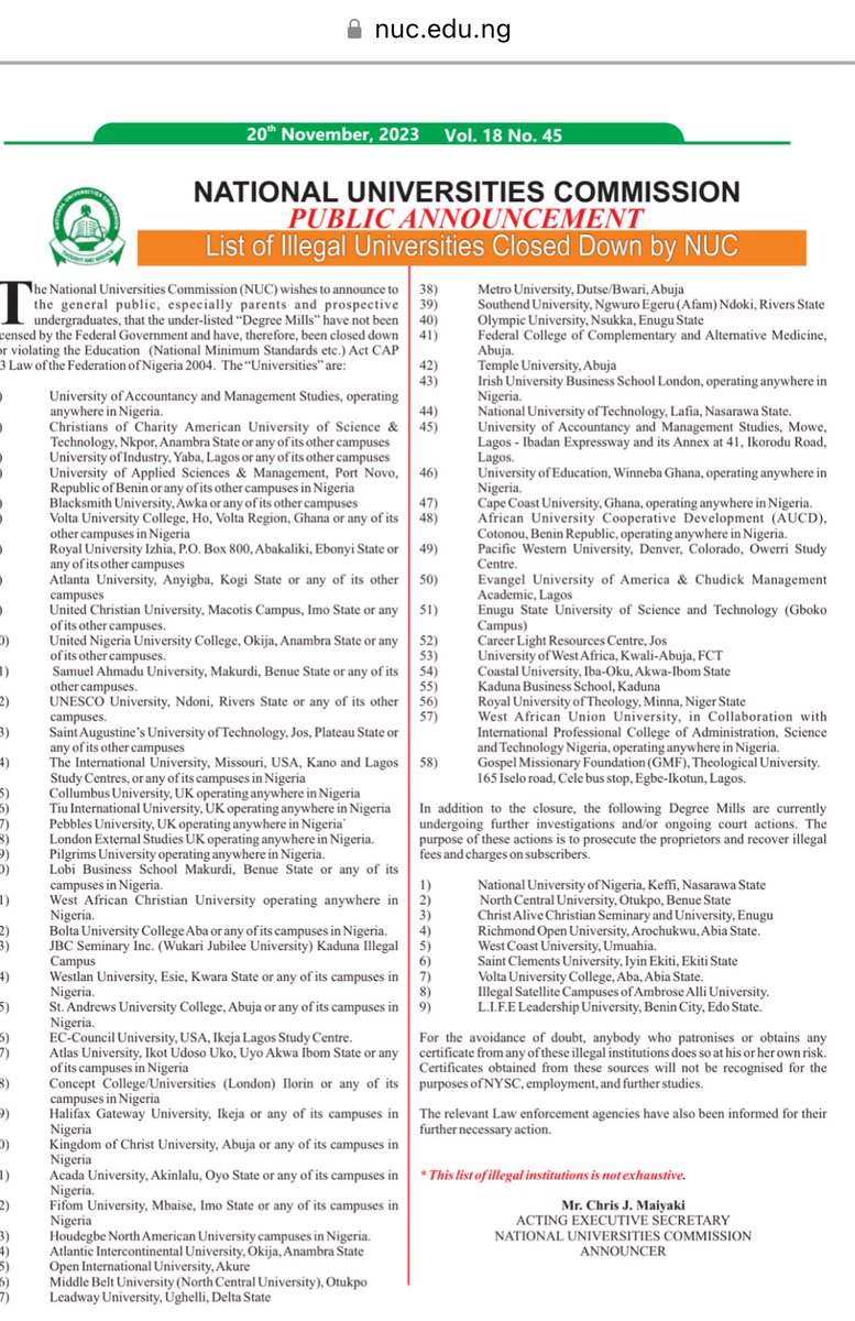 Pages 1-3: List of APPROVED Federal, State and Private Universities in Nigeria Page 4: List of ILLEGAL Universities shut down by @OfficialNUC (Coming Soon: List of Nigerian Universities that hijack innocent events with their ‘national’ anthem).