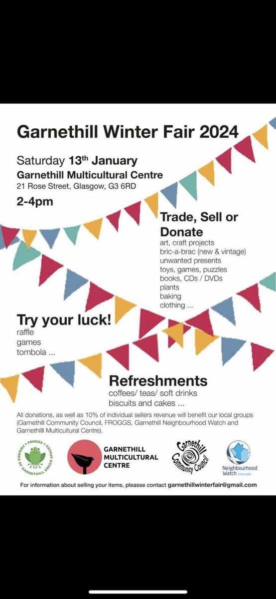 Garnethill Community Council (@garnethillcc) on Twitter photo Saturday 13th January, trade, sell, donate, buy or just a cuppa and a blether... 😊
To take a stall, contact garnethillwinterfair@gmail.com Saturday 13th January, trade, sell, donate, buy or just a cuppa and a blether... 😊
To take a stall, contact garnethillwinterfair@gmail.com