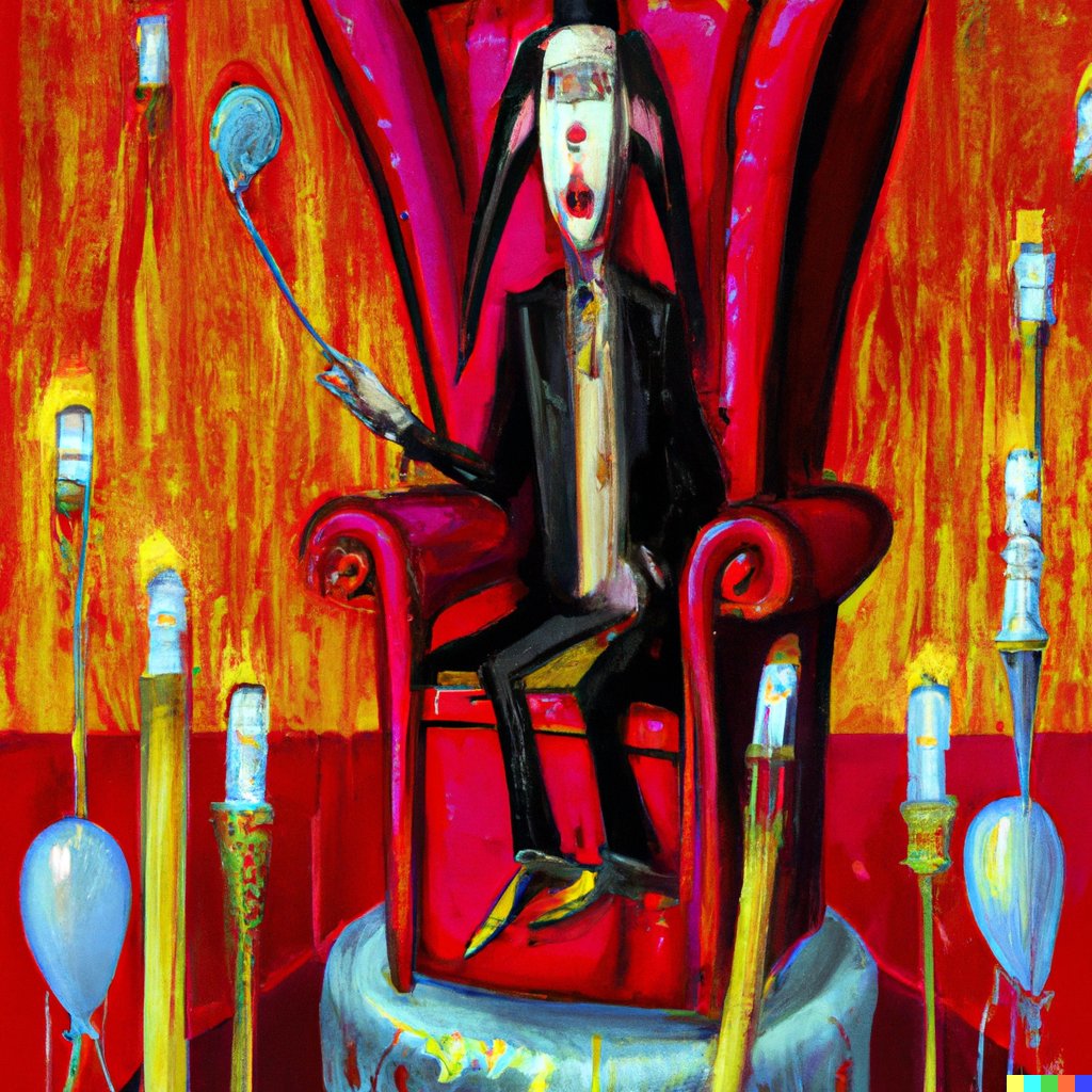 LaveyRayna's tweet photo. Happy birthday @marilynmanson! Wishing you the best year and eagerly anticipating hearing what you have to say. Much Love! 
Enjoy the interesting pictures Dall-E2 created when I asked for a surrealist painting of Manson sitting on a throne on his birthday! 😆😸 https://t.co/qxuYdg7b9W