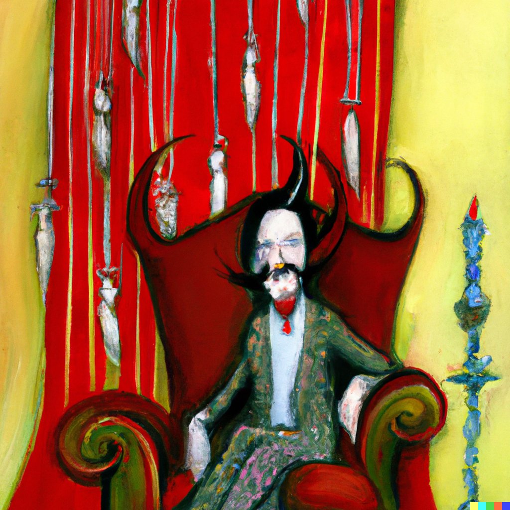 LaveyRayna's tweet photo. Happy birthday @marilynmanson! Wishing you the best year and eagerly anticipating hearing what you have to say. Much Love! 
Enjoy the interesting pictures Dall-E2 created when I asked for a surrealist painting of Manson sitting on a throne on his birthday! 😆😸 https://t.co/qxuYdg7b9W