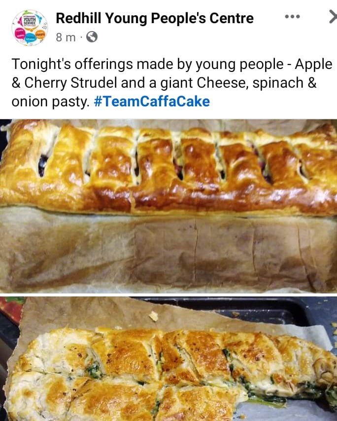RedhillYPC's tweet photo. First session of the new year and this evening young people made Apple &amp; Cherry Strudel and a giant Cheese, spinach &amp; onion pasty. Both tasted fantastic. #TeamCaffaCake #nccredhillypc https://t.co/MgnytabfiS