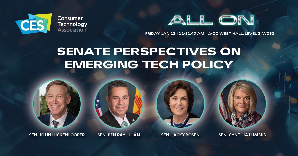 TiffanyMMoore's tweet photo. Excited to announce the addition of  @SenatorHick to a powerhouse #CES2024 panel led by @SenJackyRosen with @SenatorLujan and @SenLummis! All members of @commercedems and @SenateCommerce. Friday, January 12, 11 AM PT. Only at #CES. https://t.co/Xo0mzZhOA5