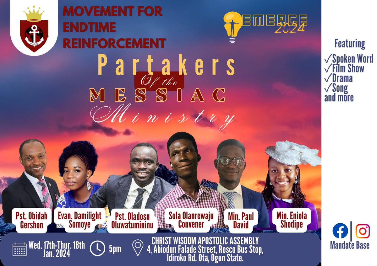 Are you a lover of God? Did you have a burning passion for the expansion of God's kingdom on earth? Are you willing to among the generals God is raising to propagate the gospel from Jerusalem to the outer most part of the earth this end time? Then don't miss this...
#emerge2024