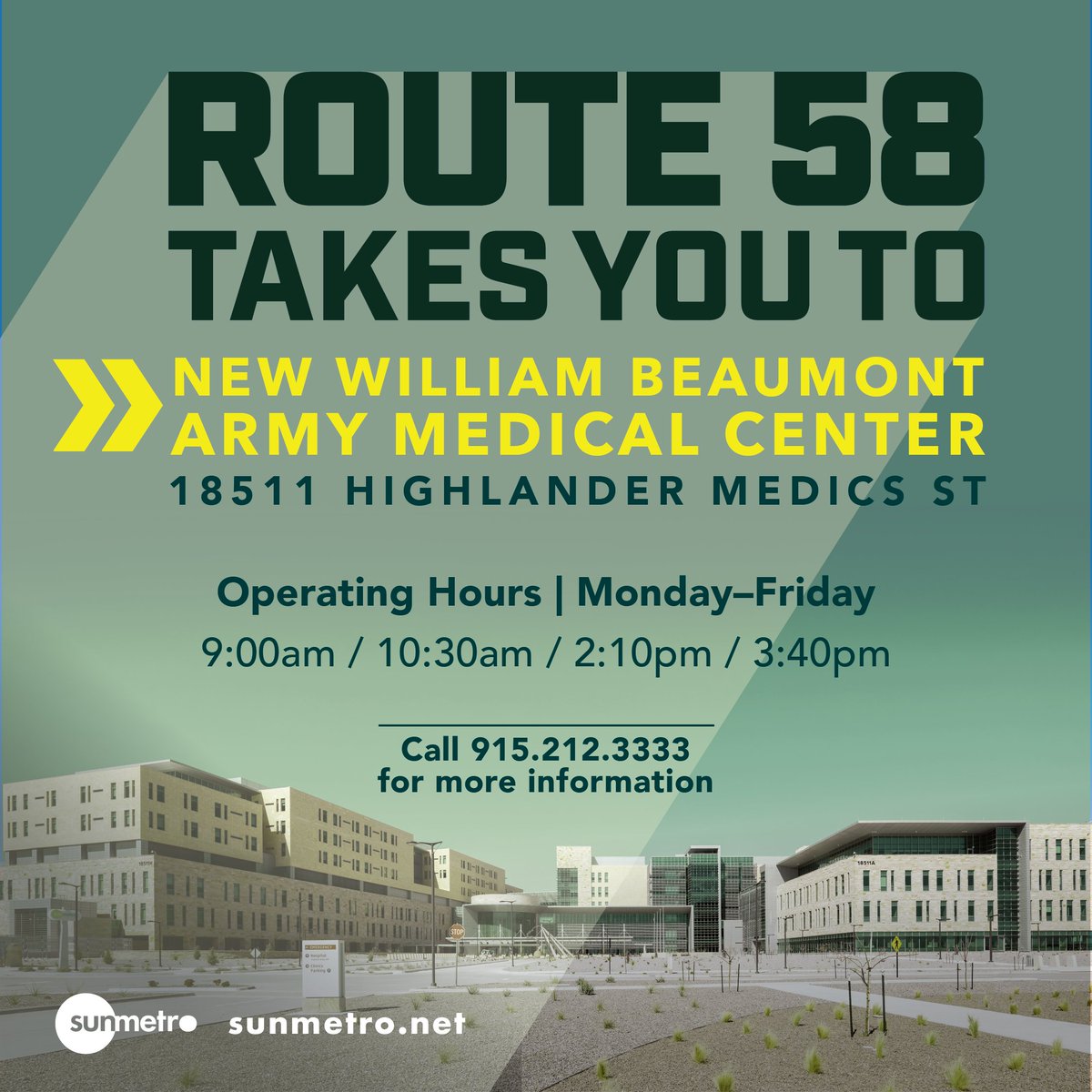 SunMetro's tweet photo. Ride from Cielo Vista TC to the William Beaumont Army Medical Center at 18511 Highlander Medics St!

View map: https://t.co/as9v4v7wGh
More Info: 915-212-3333

Stops at WBAMC are Mon-Fri at 9:00am / 10:30am / 2:10pm / 3:40pm

#SunMetro #veteran #FortBliss #WBAMC #Route58 https://t.co/Hxi5DXZApB