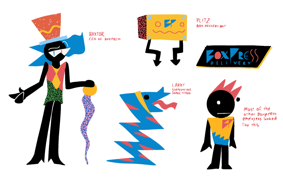puzzylpiece's tweet photo. last night i had a dream about this late 80s early 90s animated show about an idiotic delivery service set in a memphis milano art style - it had simpsons-ish humor and the whole show was animated like that money for nothing music video and these are the characters i remember https://t.co/urVSKYIXXc
