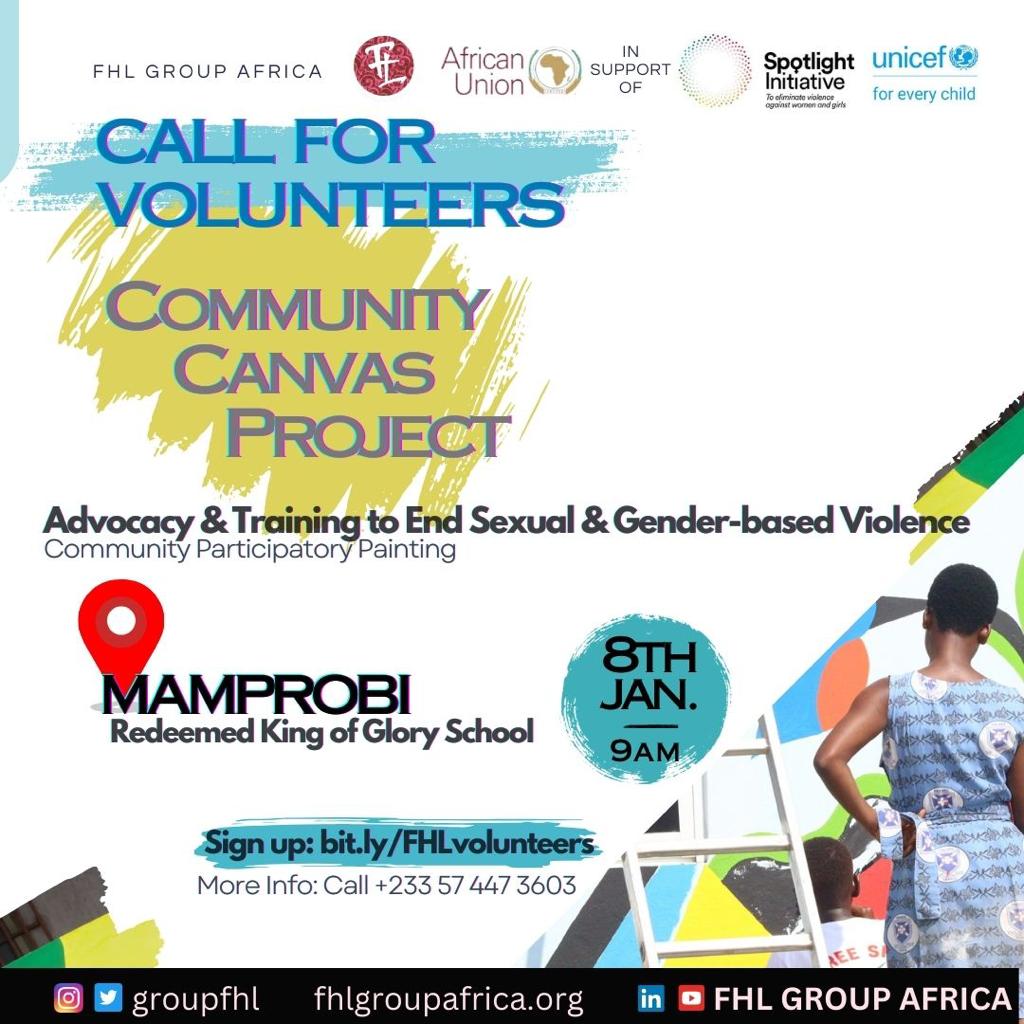 Happy New Year! The Community Canvas Project is back! Join us at the Redeemed King of Glory School,  Mamprobi, this Monday, 8th January at 9am to paint and train young boys and men to raise awareness and end Sexual and Gender-based Violence. #sgbv #communitycanvas