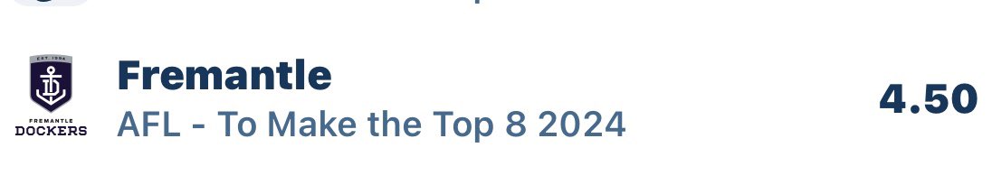 _Boondie_'s tweet image. Fremantle to make the top 8 - $4.50…. Easiest fill up in the history of Punting!!! #GetOn #CheckSeptFlights #ForeverFreo
