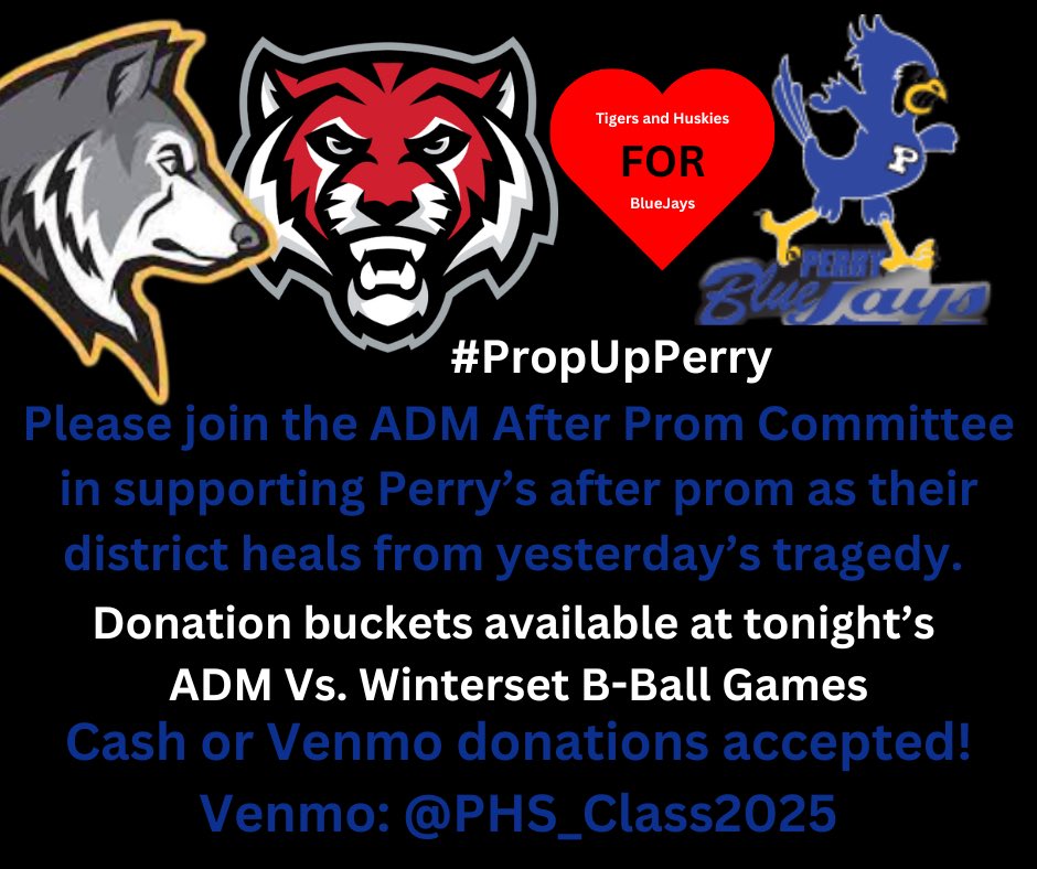 Slgreenslade's tweet photo. ADM &amp; Winterset fans! The 2024 AfterProm committee is holding a fundraiser this evening at the Winterset/ADM basketball game to contribute to Perry’s AfterProm committee. We will be collecting from 5:30-7:30 at the middle school commons. Cash, PayPal, and Venmo will be accepted. https://t.co/6Y6mRMDSn6
