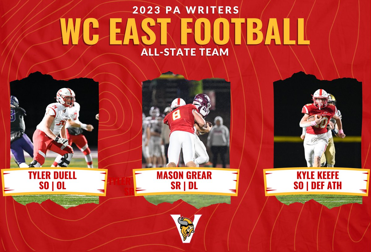 Congrats to our <a href="/PaFootballNews/">Pennsylvania Football News</a> 5A All State selections! #vikingpride #riseasONE

Writers:
DL: <a href="/MasonGrear/">Mason Grear</a>, SR
OL: <a href="/TylerDuell18/">Tyler Duell 4⭐️ OT</a>, SO
Def Ath: <a href="/KyleKeefe11/">Kyle Keefe</a>, SO 

Coaches:
1st Tm: Def Ath: <a href="/KyleKeefe11/">Kyle Keefe</a> 
2nd Tm: DL <a href="/MasonGrear/">Mason Grear</a> 

<a href="/FugettFootball/">Fugett Cougars Football 2023</a> <a href="/WestChesterASD/">West Chester Area SD</a>