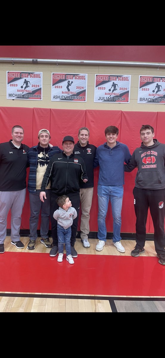 My son Chase and I are lucky to be in this picture with these <a href="/SomersFootball/">Somers Football</a> LEGENDS! 30 years, 3 head coaches, and a lot of wins inbetween! Congrats to <a href="/MattFitzsimons4/">Matt Fitzsimons</a> Rob Violante and John Decker on being recognized for 1000 points in their basketball careers <a href="/TuskerAthletics/">Somers Athletics</a>