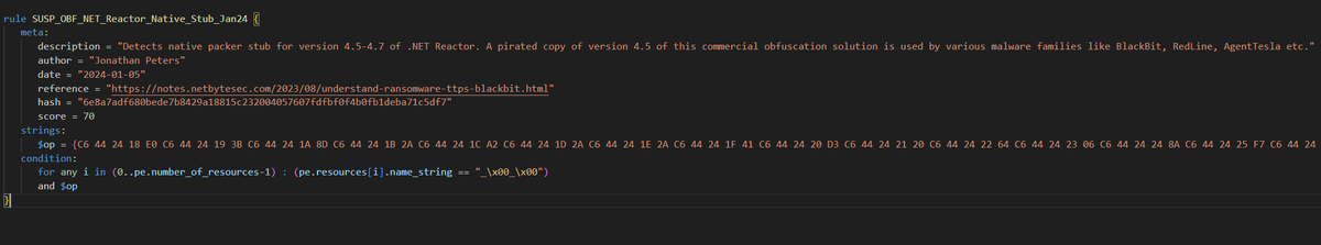 cod3nym's tweet photo. #100DaysOfYara Day 5:
Today we are targetting the leaked version 4.5 of .NET Reactor obfuscator. It is heavily used by malware like #BlackBit #MetaStealer #AgentTesla and many other stealers. Also contributing to #UnprotectProject

Find the rule here:
 https://t.co/lvTv9XsI05

This rule focuses on the native packer stub, which decrypts and loads the .NET payload at runtime.