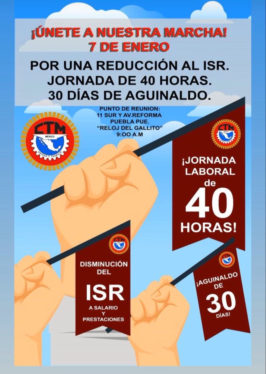 Compañero trabajador ⚒️ ¡NO FALTES!
Te esperamos este domingo 7 en la marcha de la <a href="/CTMPuebla/">CTM_FTPuebla</a>
Encabeza <a href="/leobardosoto/">Leobardo Soto</a> Secretario General 
 👉 Disminución del ISR a salarios y prestaciones
👉 Jornada laboral de 40 horas
👉Aguinaldo de 30 días
⏰09:00 Hrs. 
📍El Gallito
<a href="/CTM_MX/">CTM Nacional</a>