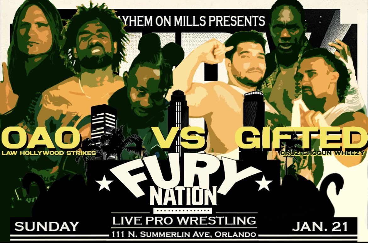 The challenge has been accepted and it. Is. OFFICIAL!! On Jan 21st in our return to Downtown Orlando at The Veranda it will be: OAO vs The Gifted The foundation of Mayhem clash with the brash young stars that took 2023 by storm. This one won’t steal the show, it is the SHOW!