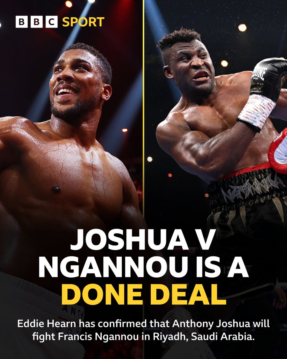 BBCSport's tweet photo. 🚨 Joshua v Ngannou 👊

Eddie Hearn says more details will follow soon. Who's winning this one? https://t.co/vFGq0nJRYi