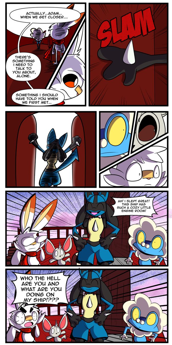 ScarletsAlcove's tweet photo. PMD Endless Blue Chapter 3 Page 32
Liana's got some thoughts. What could she want to talk with Adam about? And a surprise stowaway! Though it appears Adam is less than enthused...

#pmd #pmdcomic #pmdendlessblue #mysterydungeon https://t.co/iUbXAPWBDe
