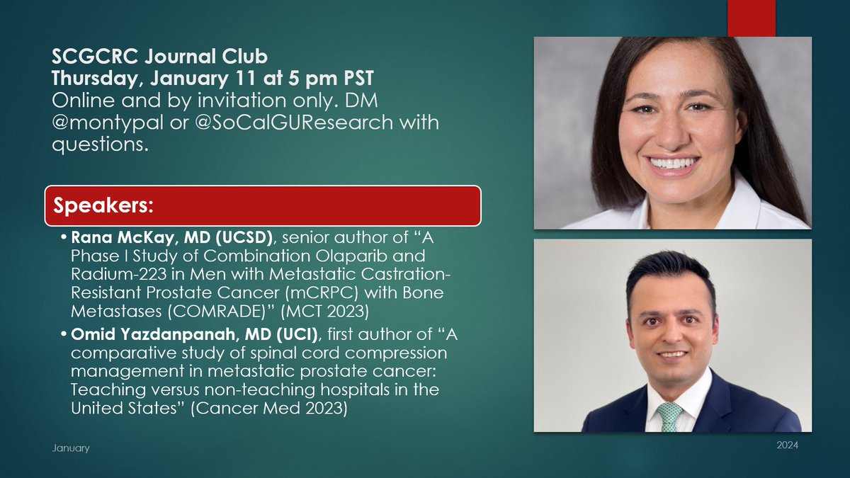 montypal's tweet photo. Eager to welcome @DrRanaMcKay @UCSDHealth to discuss #COMRADE, a trial of #olaparib & #radium223 published in @MCT_AACR, and @OmidYazdan1 @UCIMedSchool (w @ArashRezazadeh6 & @DavidBenjaminMD) to discuss #cordcompression in #prostatecancer in @CancerMedicineJ. Our first 2 @SoCalGUResearch JC's have been a wild success - eager to see you at our 3rd!