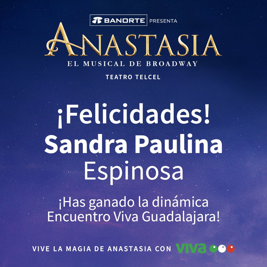 ¡Felicidades a lxs ganadorxs de un boleto de avión doble para viajar desde Guadalajara y Monterrey y reencontrarse con sus seres queridxs en la Ciudad de México! Juntxs disfrutarán de la magia de Anastasia El Musical de Broadway en el Teatro Telcel.